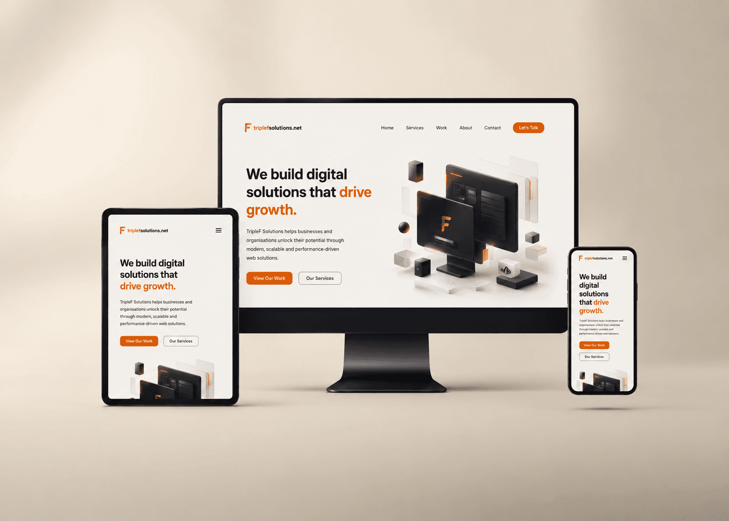 A website design shown responsively across an iMac, tablet, and phone